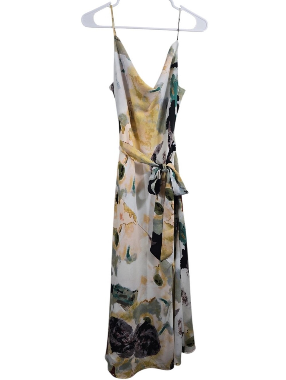 NWT Lulus Inspired Aura White Multi Abstract Print Cowl Midi Dress Gala Size S